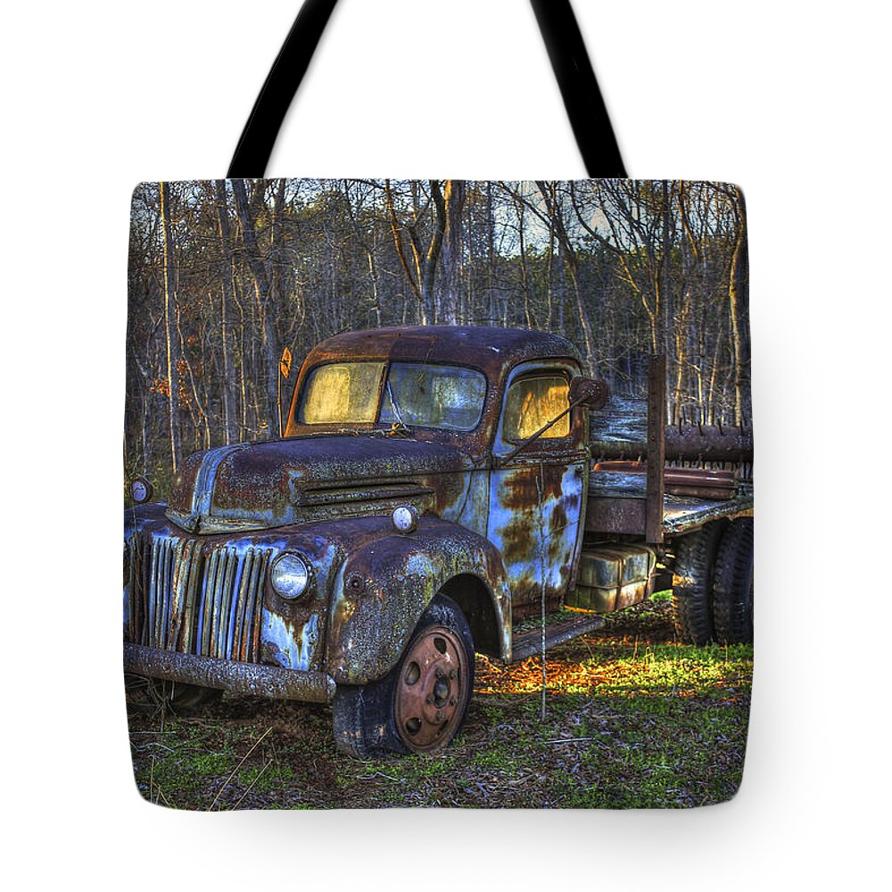 Reid Callaway 1947 Ford Stakebed Pickup Truck Tote Bag featuring the photograph In The Spotlight 1947 Ford Stakebed Pickup Truck 2 Farm Art by Reid Callaway