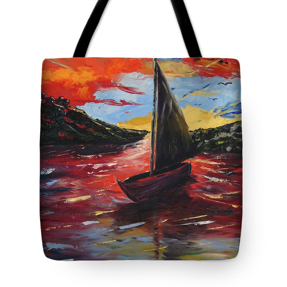Seascape Tote Bag featuring the painting Sunset 234 by Maria Woithofer