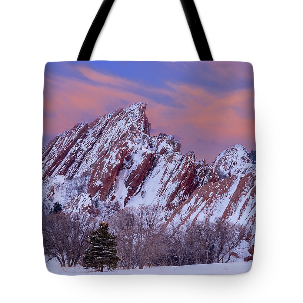 Snow Tote Bag featuring the photograph Sunset At Arrowhead by Darren White
