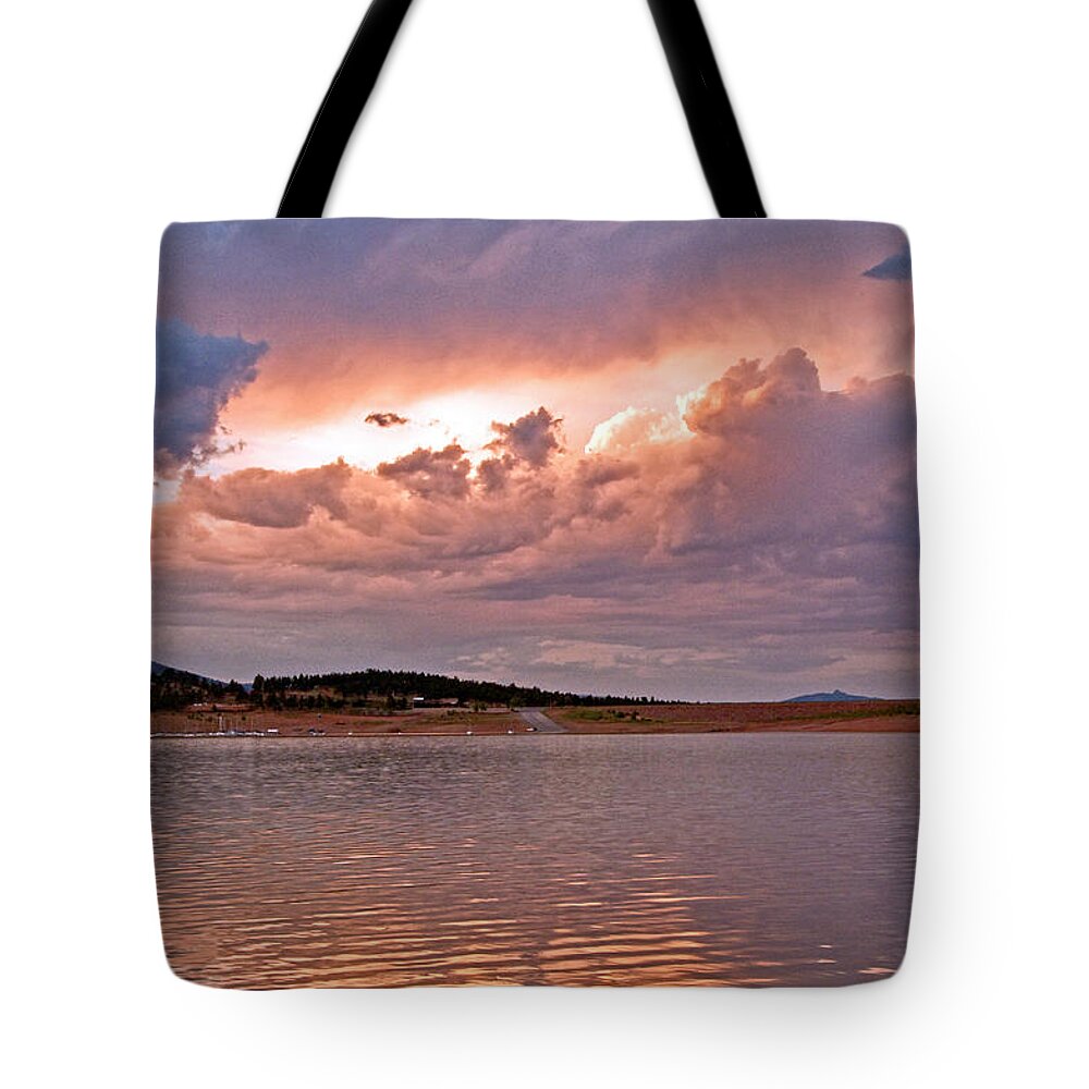 Fine Art Greeting Cards. Fine Art Sunset Picture. Sunset Pictures. Fin Art Cloud Picture. Cloud Canvas Prints. Fine Art Water Picture. Water Greeting Cards. Sunset Greeting Cards. Fine Art Nature Cards. Landscape Gretting Cards. Water Clouds Camping Boating Swimming Water Sking Sunset Canvas Prints. Trees. Tote Bag featuring the photograph Sunset at Carter Lake Colorado by James Steele