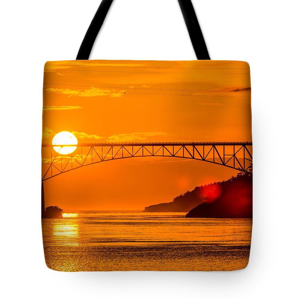 Sunset Tote Bag featuring the photograph Sunset at Deception Pass Bridge by Hisao Mogi