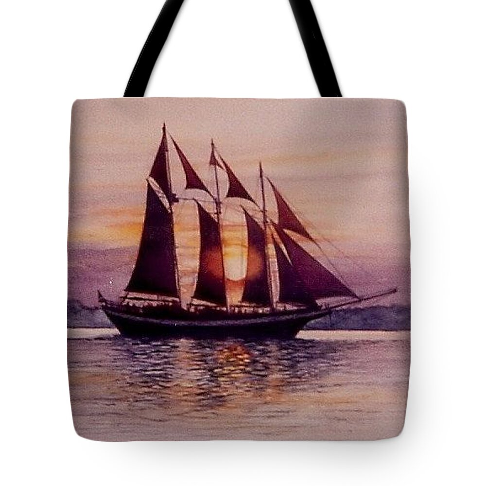 Ship Tote Bag featuring the mixed media Sunset at sea by Constance Drescher