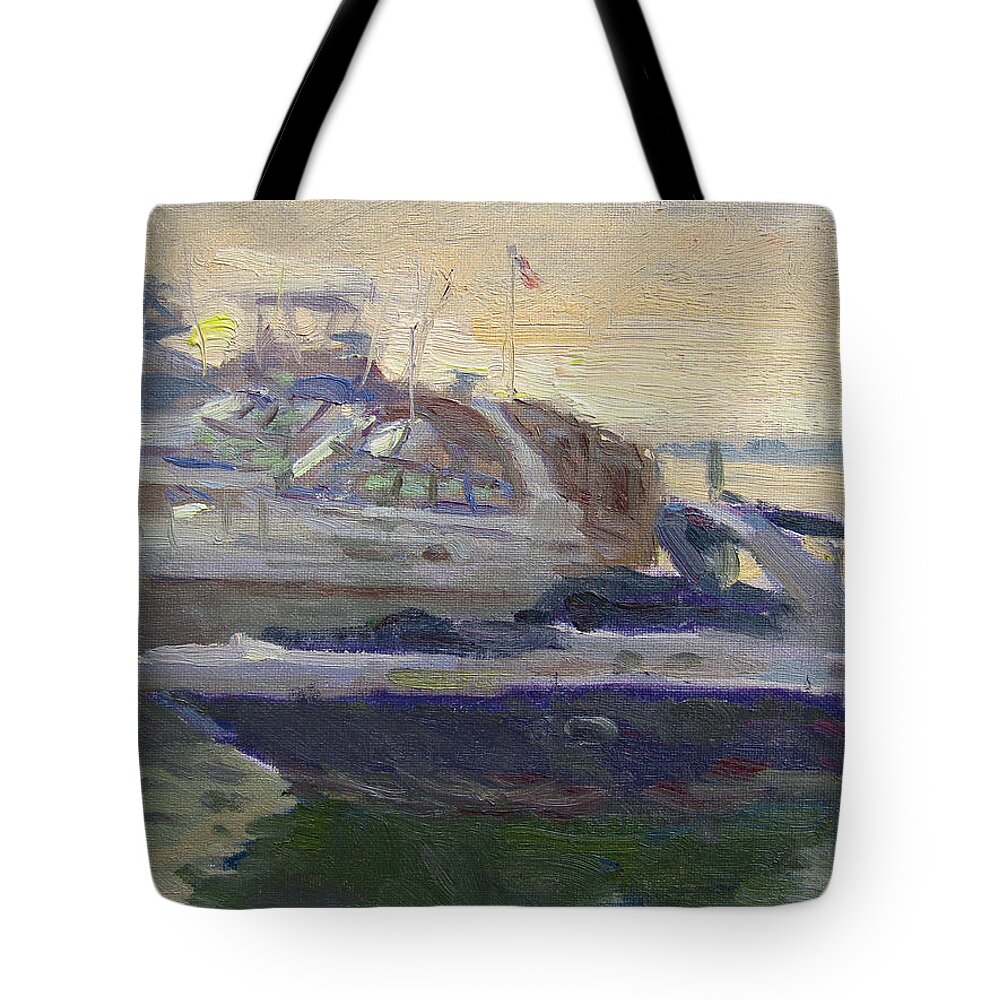 Sunset Tote Bag featuring the painting Sunset at the Harbor by Ylli Haruni
