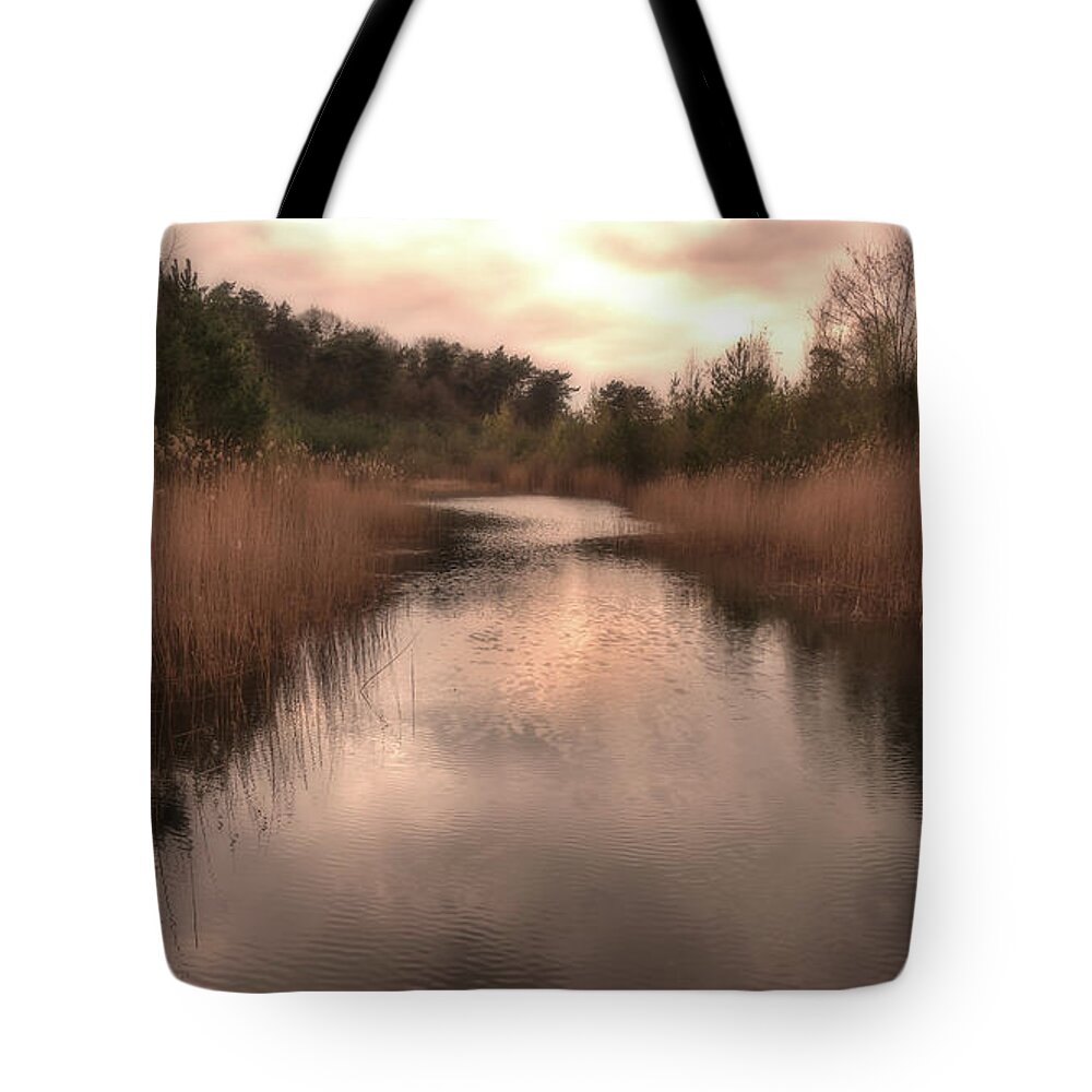 Grass Tote Bag featuring the photograph Sunset at the sandpit in Maarn by Tim Abeln