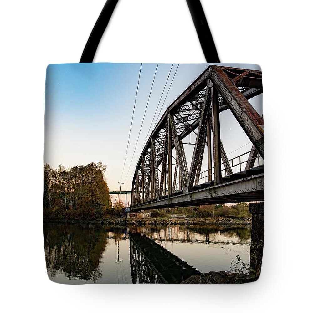 Sunset Tote Bag featuring the digital art Sunset Bridge by Birdly Canada