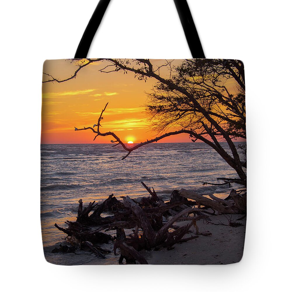 Sunset Tote Bag featuring the photograph Sunset Cradled by a Tree on Barefoot Beach Florida by Artful Imagery