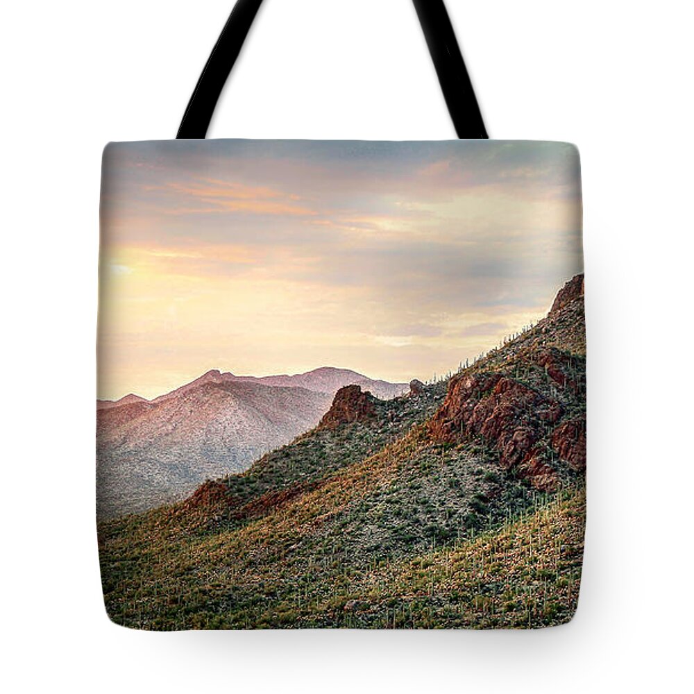 Mountains Tote Bag featuring the photograph Sunset by Elaine Malott