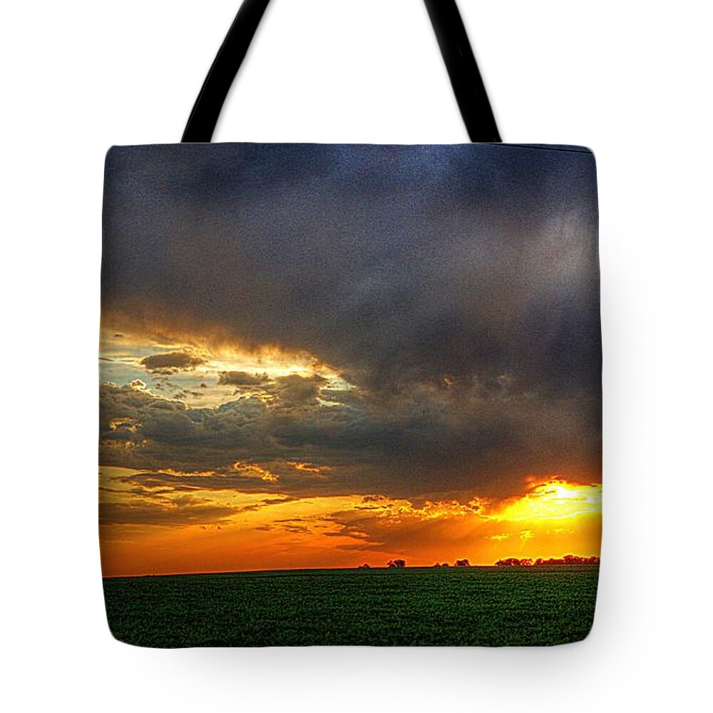 Sunset Tote Bag featuring the photograph Sunset Fire on a Nebraska Field by Karen McKenzie McAdoo