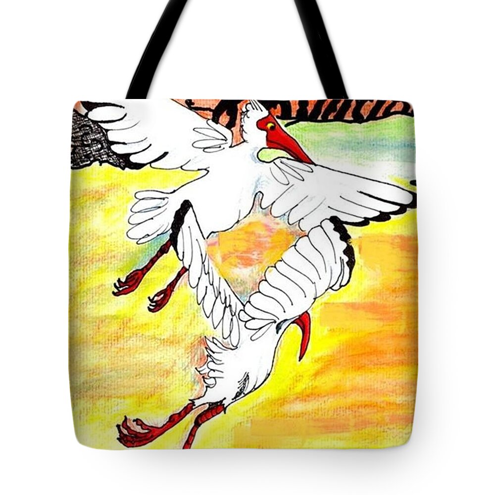 Ibis Tote Bag featuring the drawing Sunset flight by Carol Allen Anfinsen