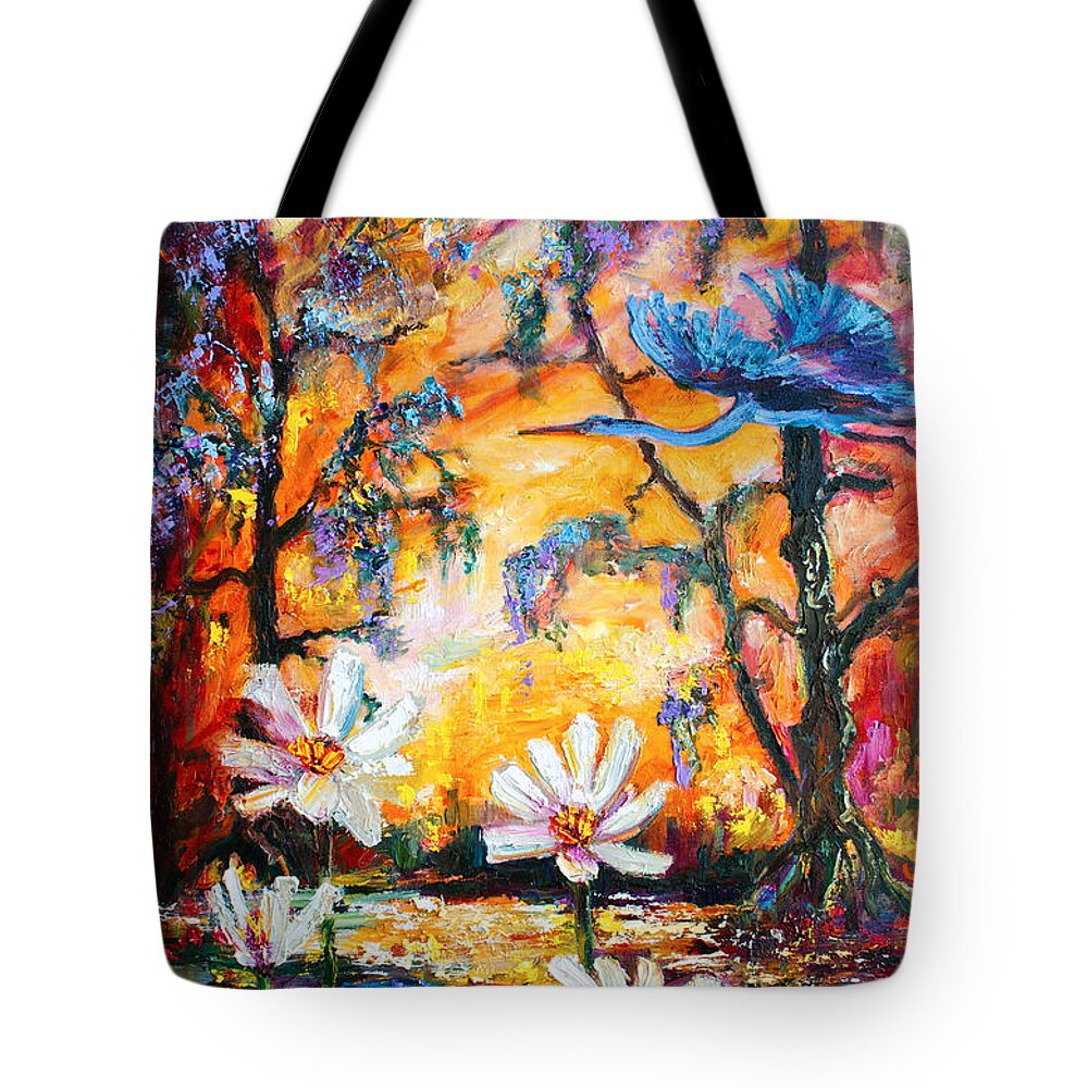 Blue Heron Tote Bag featuring the painting Sunset Heron Over Lotus Pond by Ginette Callaway