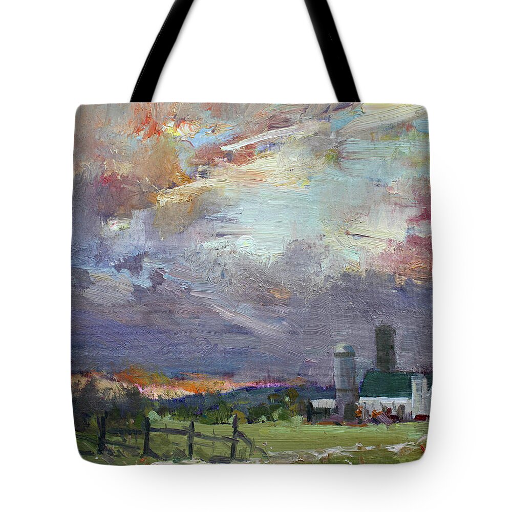 Sunset Tote Bag featuring the painting Sunset in a Troubled Weather by Ylli Haruni