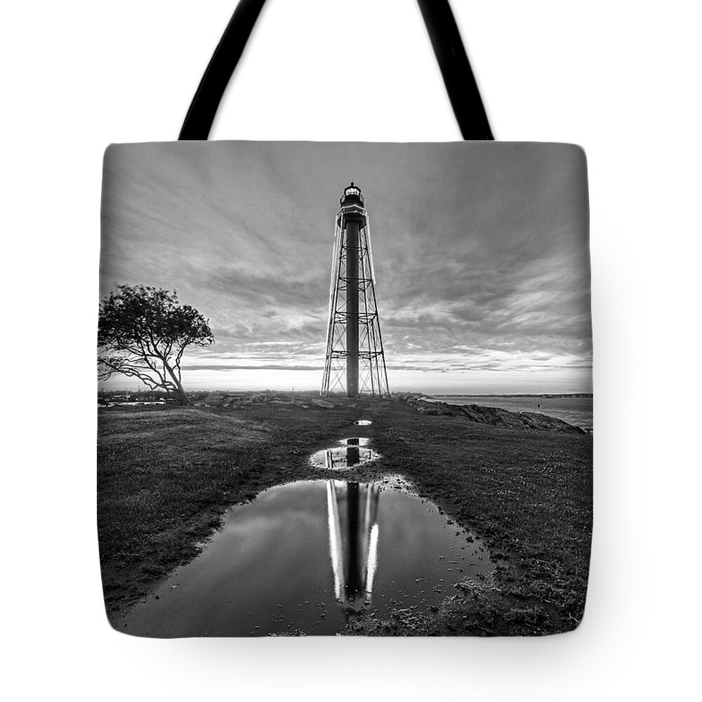Marblehead Tote Bag featuring the photograph Sunset in Chandler Hovey Park Marblehead Light Tower Reflection Black and White by Toby McGuire