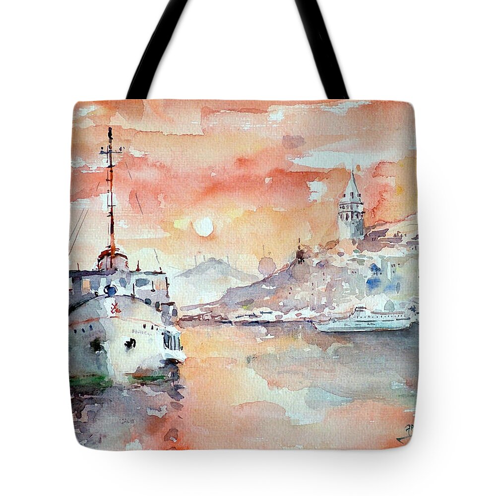 Ship Tote Bag featuring the painting Sunset In Istanbul... by Faruk Koksal
