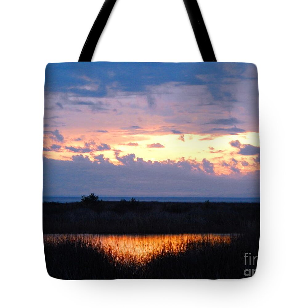 Afterglow Of Sunset Shines Orange In The River Through River Grasses The Tote Bag featuring the photograph Sunset in the river Sea beyond by Priscilla Batzell Expressionist Art Studio Gallery