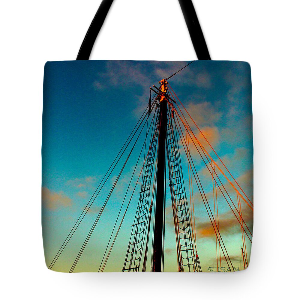 Mast Tote Bag featuring the digital art Sunset Mast by Susan Vineyard