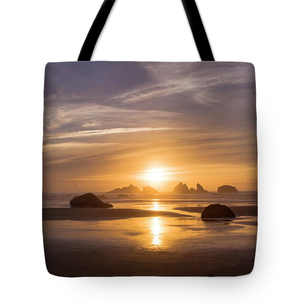 Landscapes Tote Bag featuring the photograph Sunset on Bandon Beach by Steven Clark
