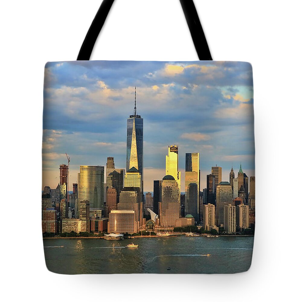 Freedom Tower Tote Bag featuring the photograph Sunset on Lower Manhattan by Allen Beatty
