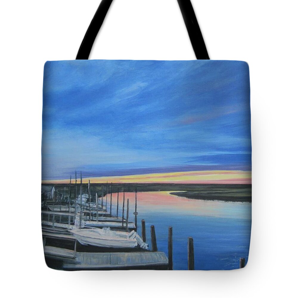 Painting Tote Bag featuring the painting Sunset On The Docks by Paula Pagliughi