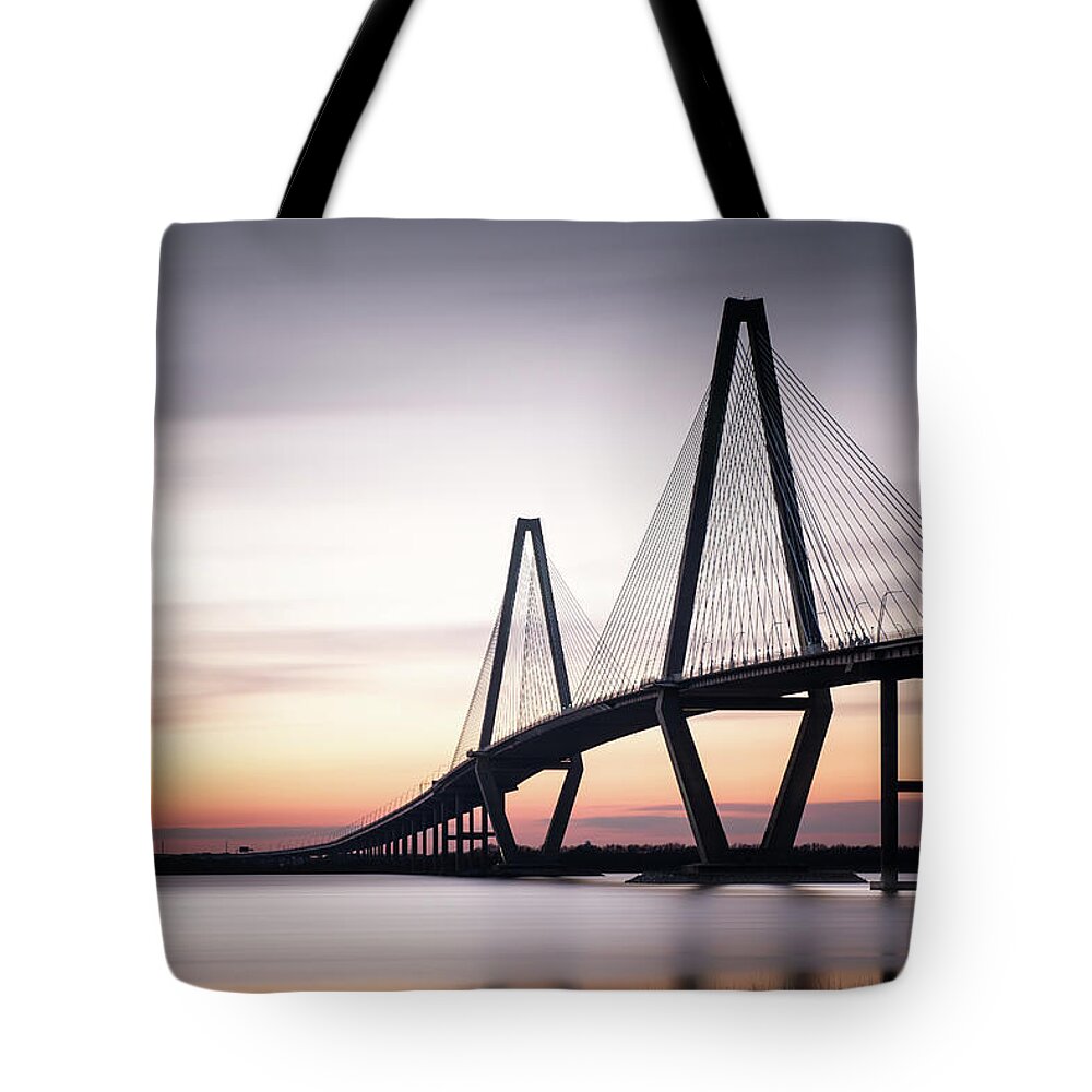 Arthur Ravenel Jr. Bridge Tote Bag featuring the photograph Sunset on the Ravenel Bridge by Ivo Kerssemakers