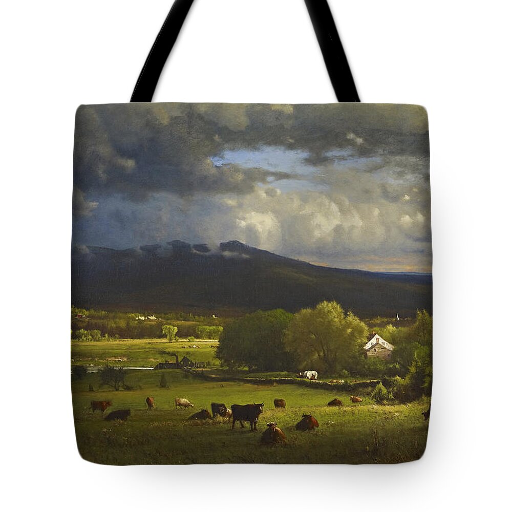 Sunset On The River By George Inness Tote Bag featuring the painting Sunset on the River by George Inness