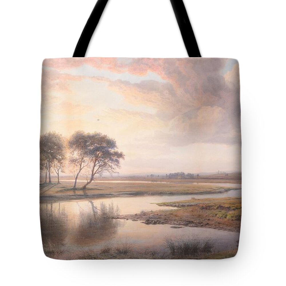 Henry Albert Hartland (1840-1893) Sunset On The Shannon Tote Bag featuring the painting Sunset on The Shannon by Henry Albert