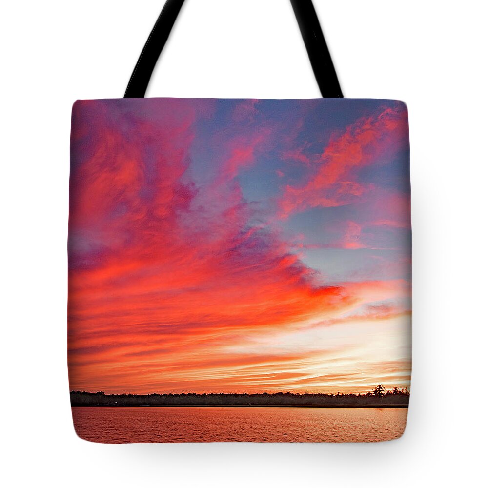 Sunset Tote Bag featuring the photograph Sunset Over a Lake, Pocono Mountains, Pennsylvania by A Macarthur Gurmankin