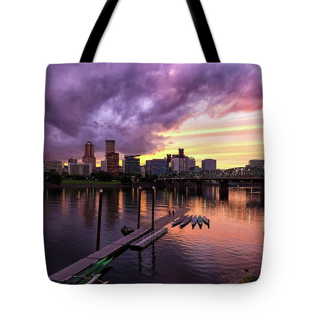 Sunset Tote Bag featuring the photograph Sunset over Portland Oregon Downtown Waterfront by David Gn