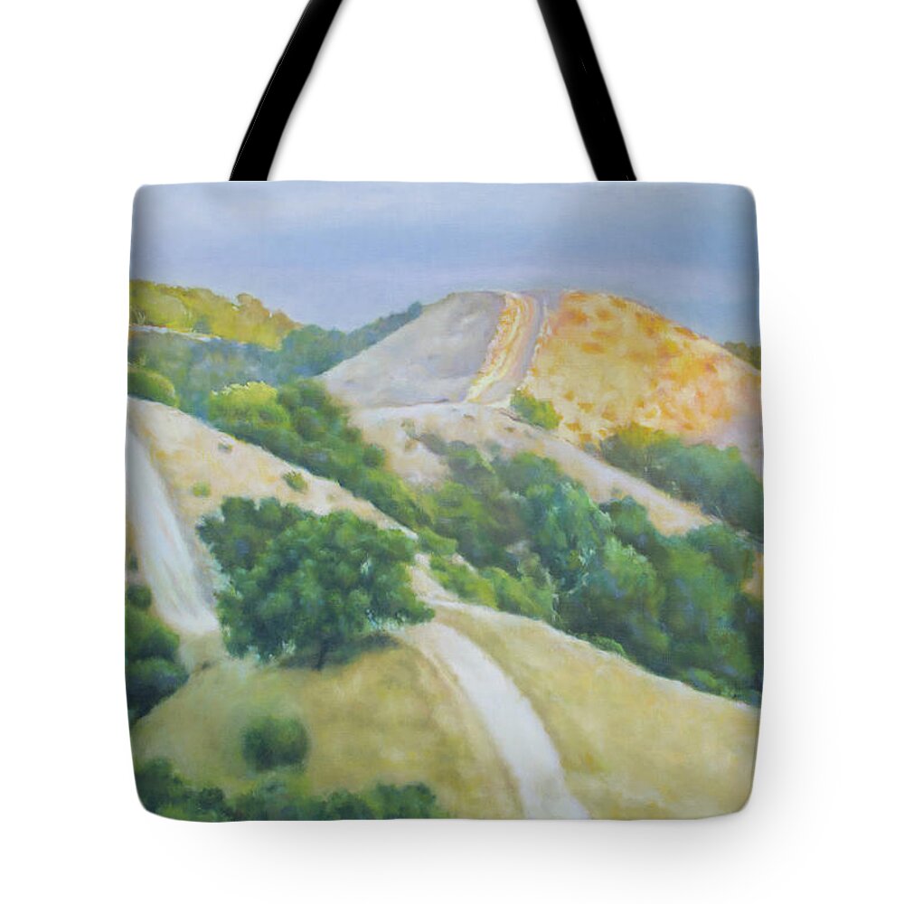 Hill Tote Bag featuring the painting Sunset Over Rolling Hills by Kerima Swain