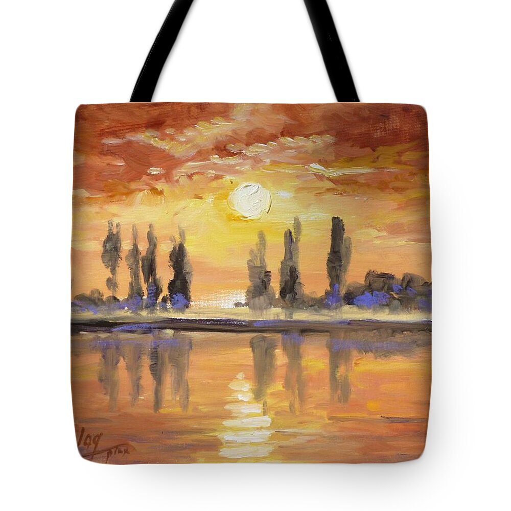 Sunset Tote Bag featuring the painting Sunset over the lake by Irek Szelag