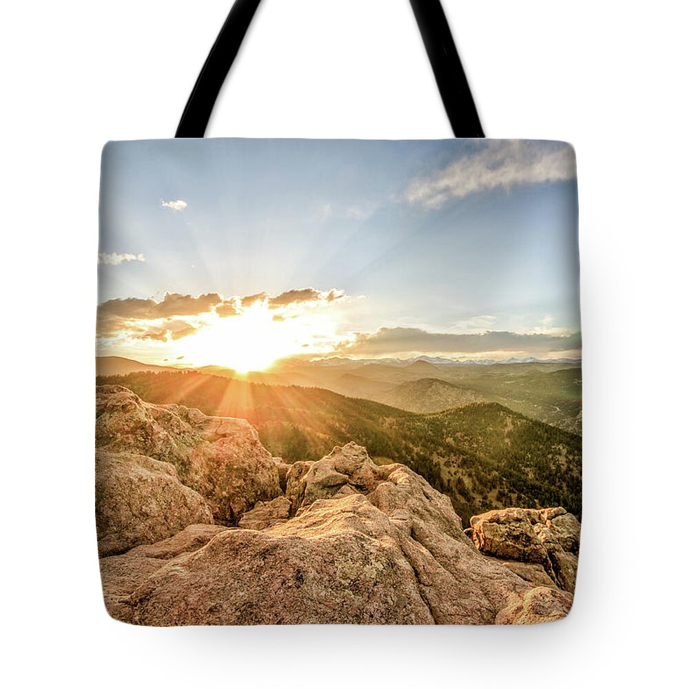 Boulder Tote Bag featuring the photograph Sunset over the Mountains of Flaggstaff Road in Boulder, Colorad by Peter Ciro
