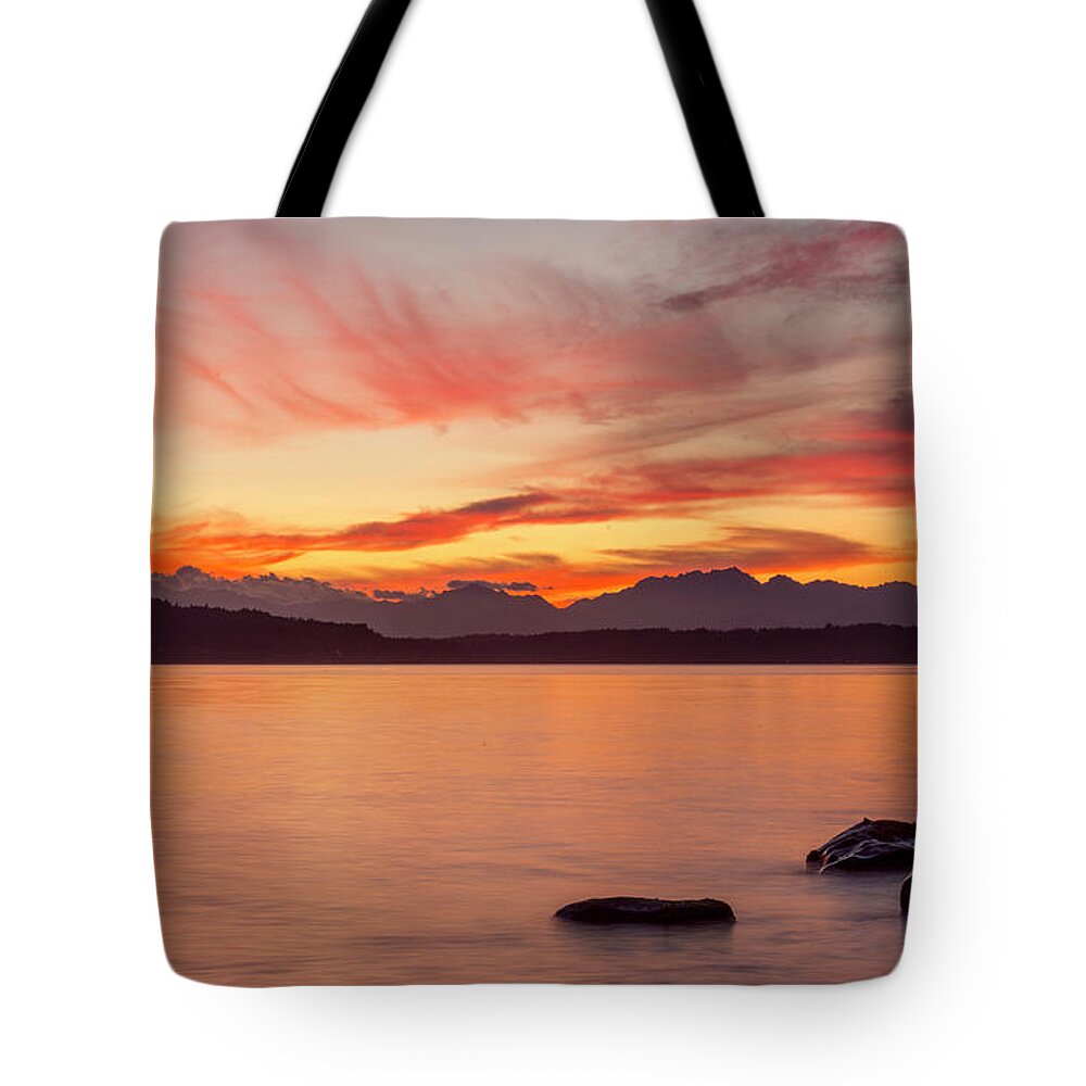 Sunset Tote Bag featuring the digital art Sunset Puget Sound by Michael Lee