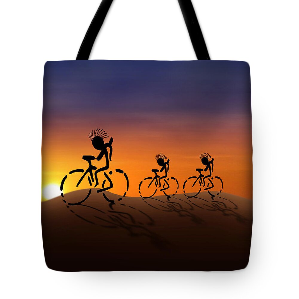 Kokopelli Tote Bag featuring the digital art Sunset Riders by Gravityx9 Designs