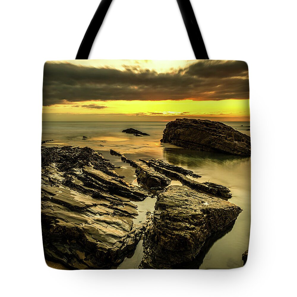 Seascape Tote Bag featuring the photograph Sunset Rocks by Nick Bywater