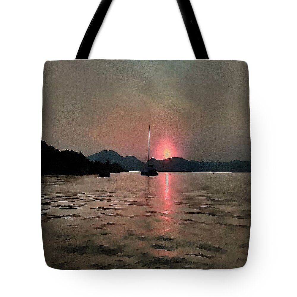 Sunset Tote Bag featuring the painting Sunset Shores In Pink And Grey by Taiche Acrylic Art