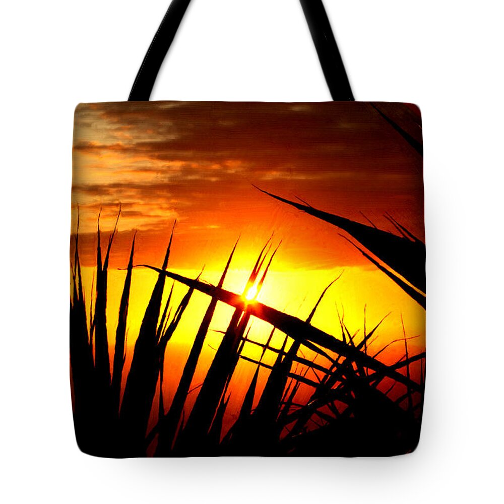 Bruce Tote Bag featuring the painting Sunset Through the Reeds by Bruce Nutting