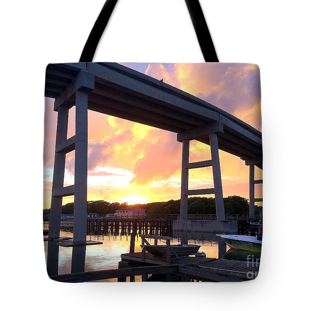 Art Tote Bag featuring the photograph Sunset Under The Holden Beach Bridge by Shelia Kempf