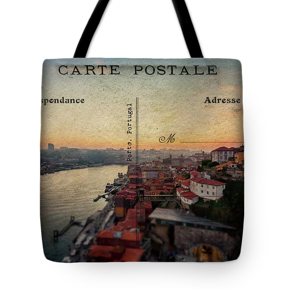 Postcard Tote Bag featuring the digital art sunset view of the Douro river and old part of Porto, Portugal by Ariadna De Raadt