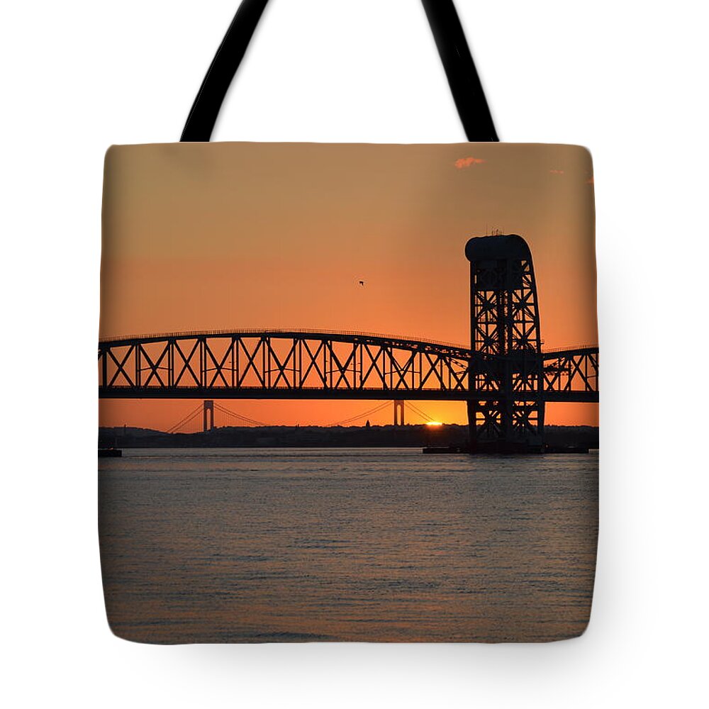 Sunset Tote Bag featuring the photograph Sunset's Last Light Bridges Over Jamaica Bay by Maureen E Ritter