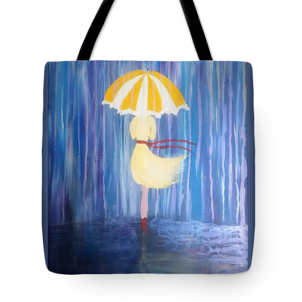 Yellow Umbrella Tote Bag featuring the painting Sunshine in the Rain by Lynne McQueen