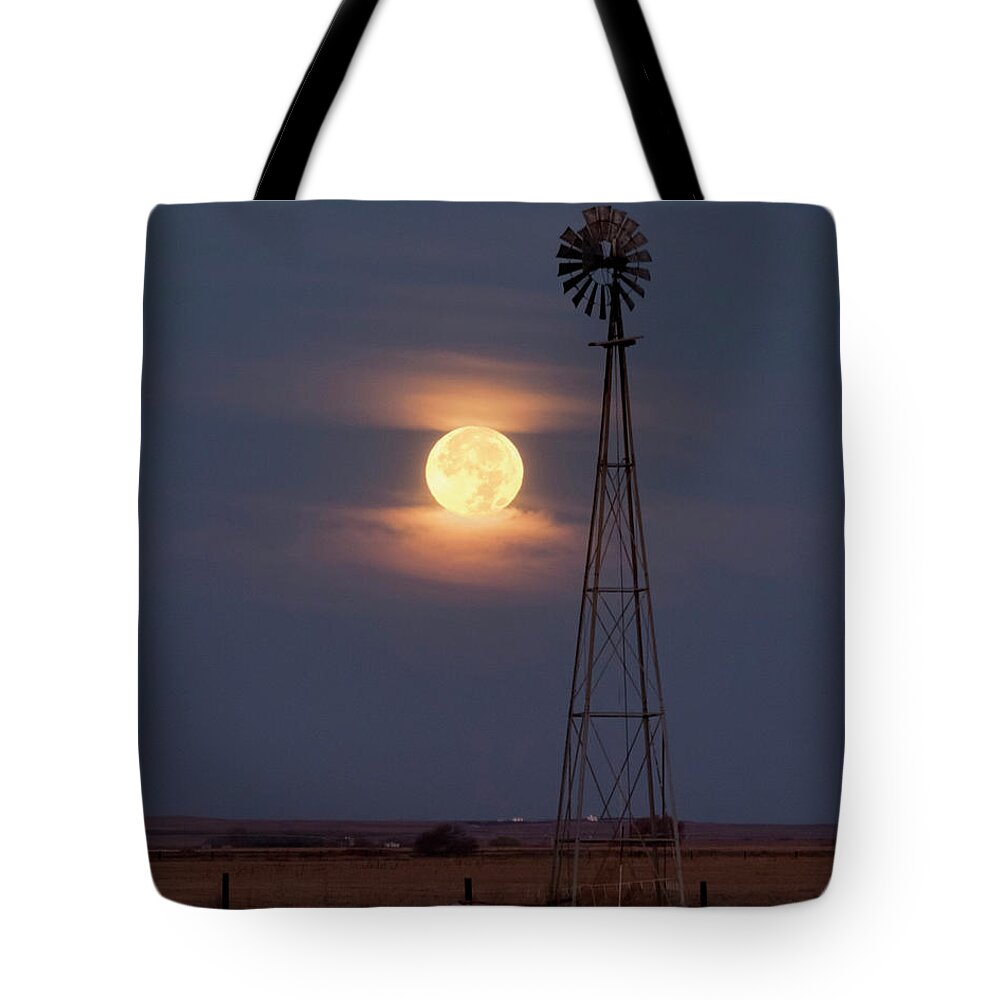 Kansas Tote Bag featuring the photograph Super moon and Windmill by Rob Graham
