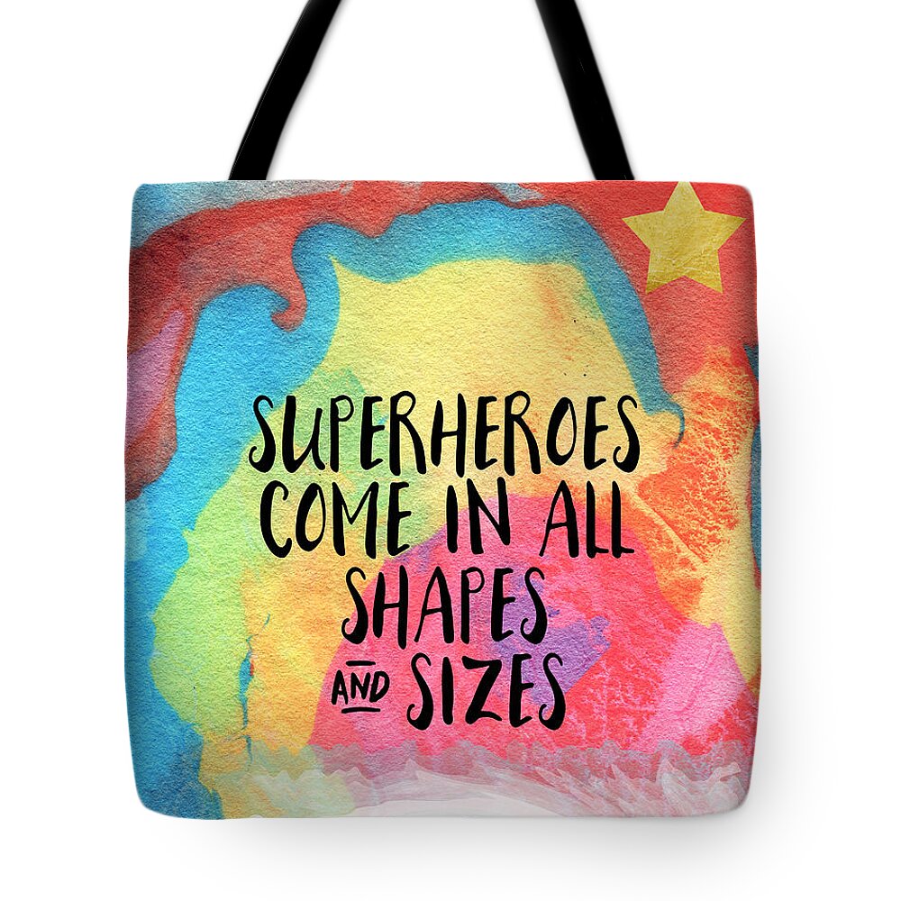 Inspirational Marble Red Yellow Blue Quote Words Typography Teen Tween Hero Superhero Equality Anti Bully Dorm School Home Decorairbnb Decorliving Room Artbedroom Artcorporate Artset Designgallery Wallart By Linda Woodsart For Interior Designersbook Coverpillowtotehospitality Arthotel Art Tote Bag featuring the painting Superheroes- inspirational art by Linda Woods by Linda Woods