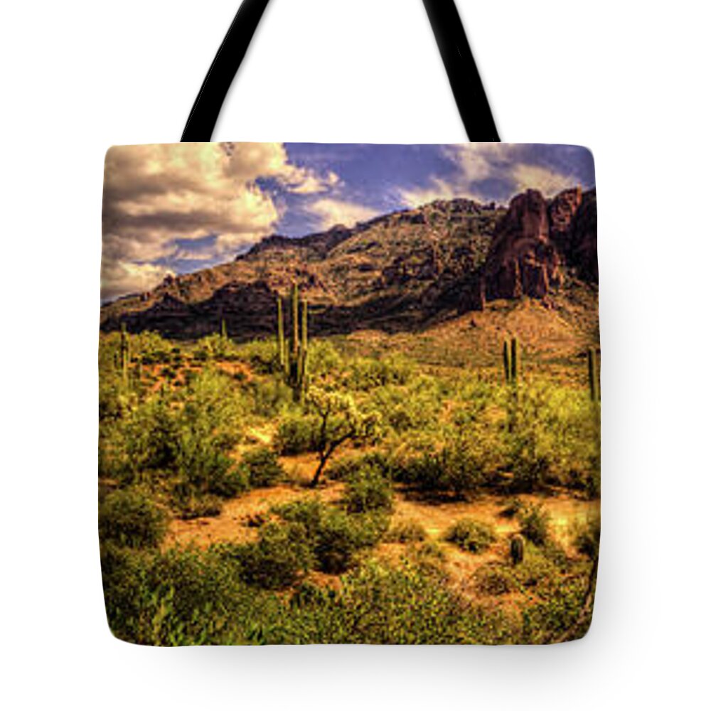 Arizona Tote Bag featuring the photograph Superstition Mountain and Wilderness by Roger Passman