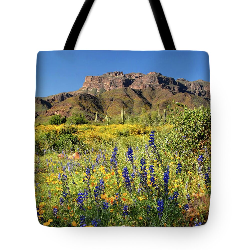 Gold Canyon Tote Bag featuring the photograph Superstition Mountains with Lupine and Poppies by Joanne West