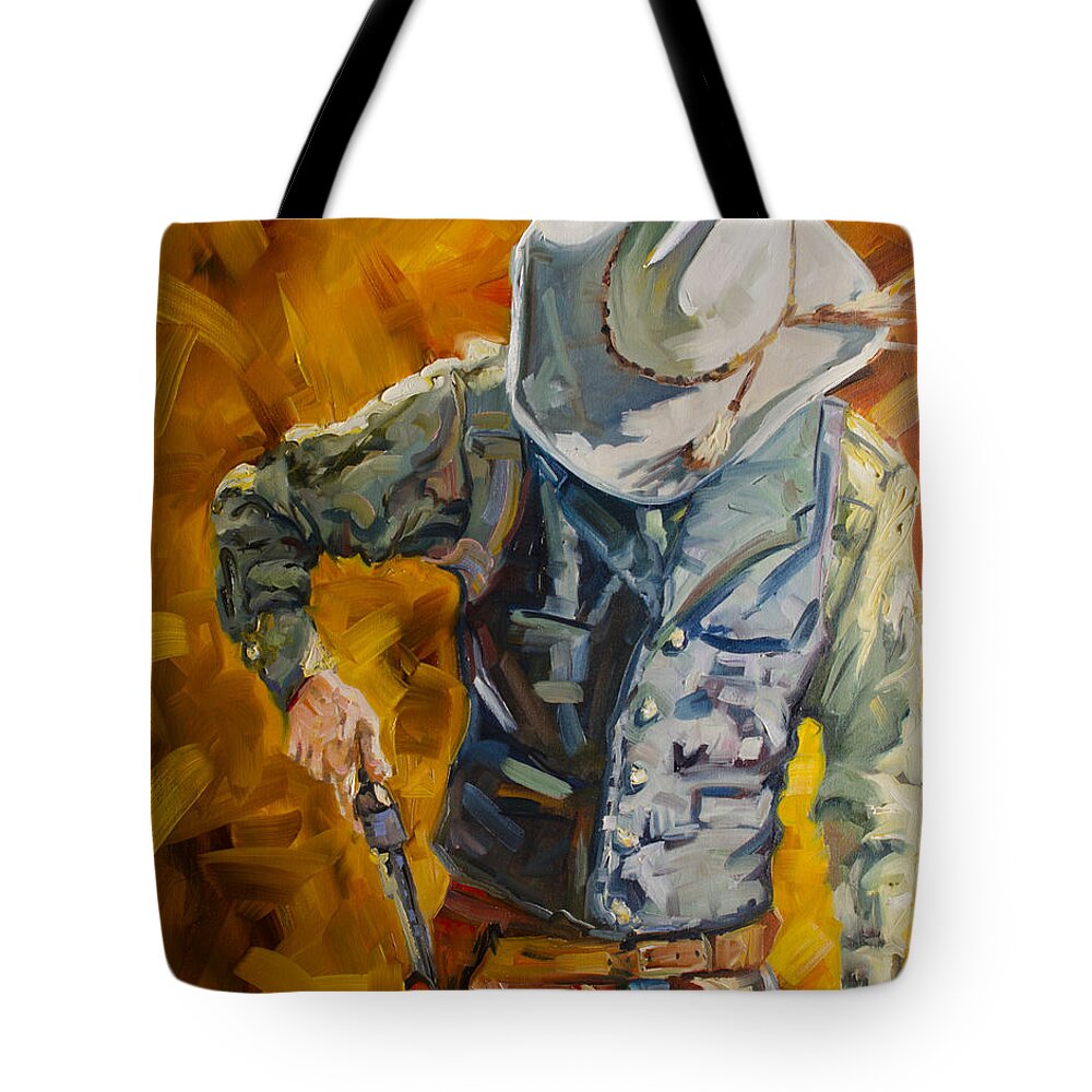Cowboy Tote Bag featuring the painting Sure Shot by Diane Whitehead