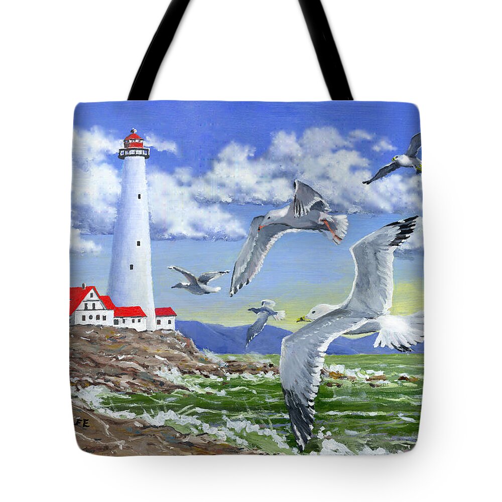 Lighthouse Tote Bag featuring the painting Surf And Turf by Richard De Wolfe