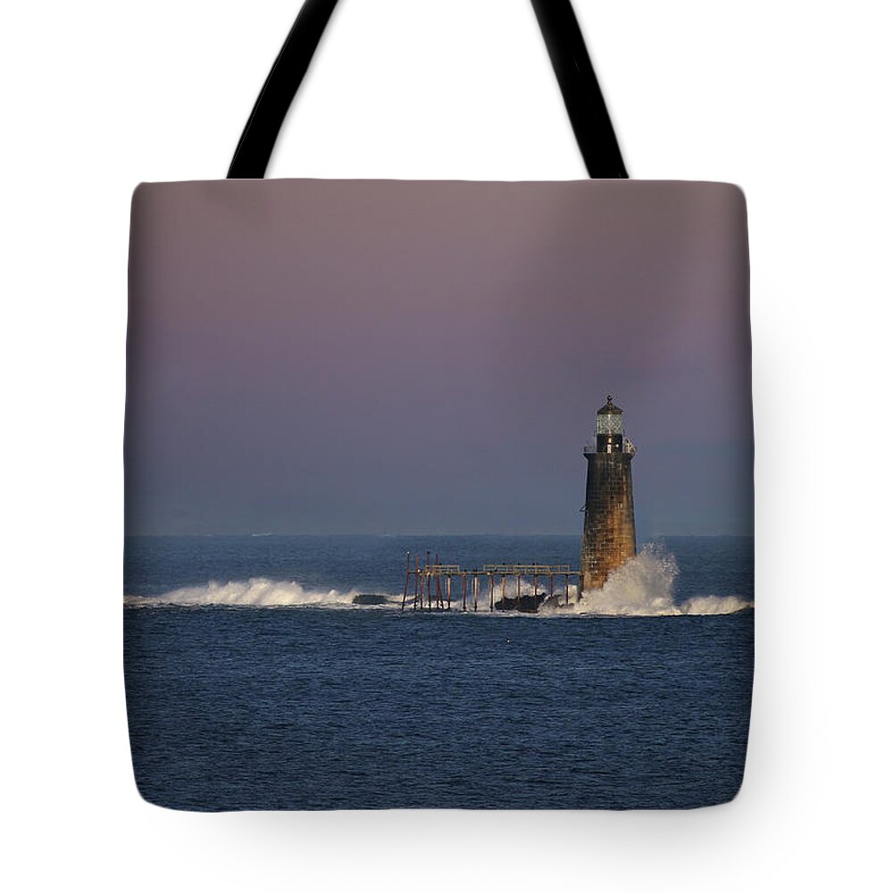 Lighthouse Tote Bag featuring the photograph Surf at Ram Island Ledge by John Meader