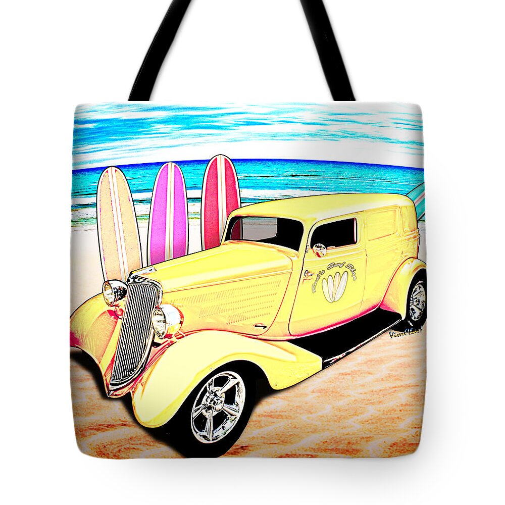 34 Tote Bag featuring the photograph Surf Shop Sedan Delivery Rod Padre Island by Chas Sinklier
