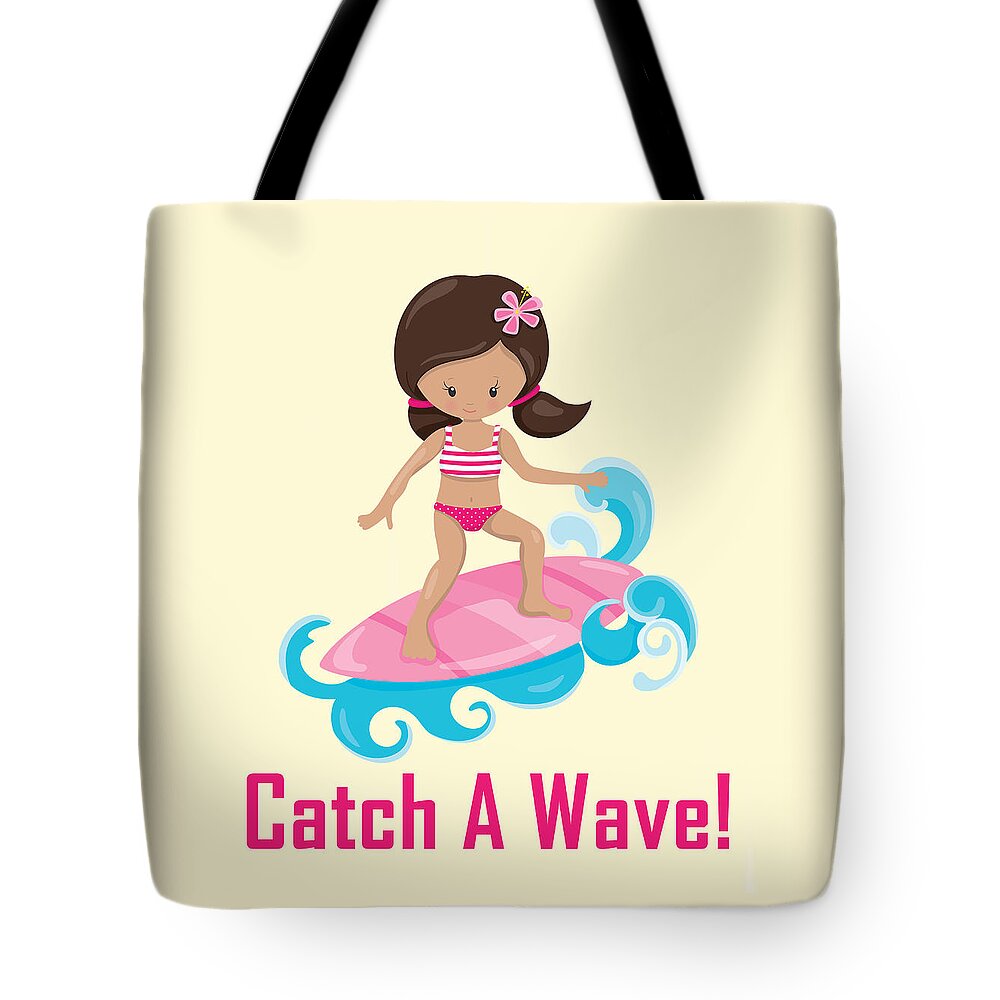 Surfer Art Tote Bag featuring the digital art Surfer Art Catch A Wave Girl With Surfboard #19 by KayeCee Spain