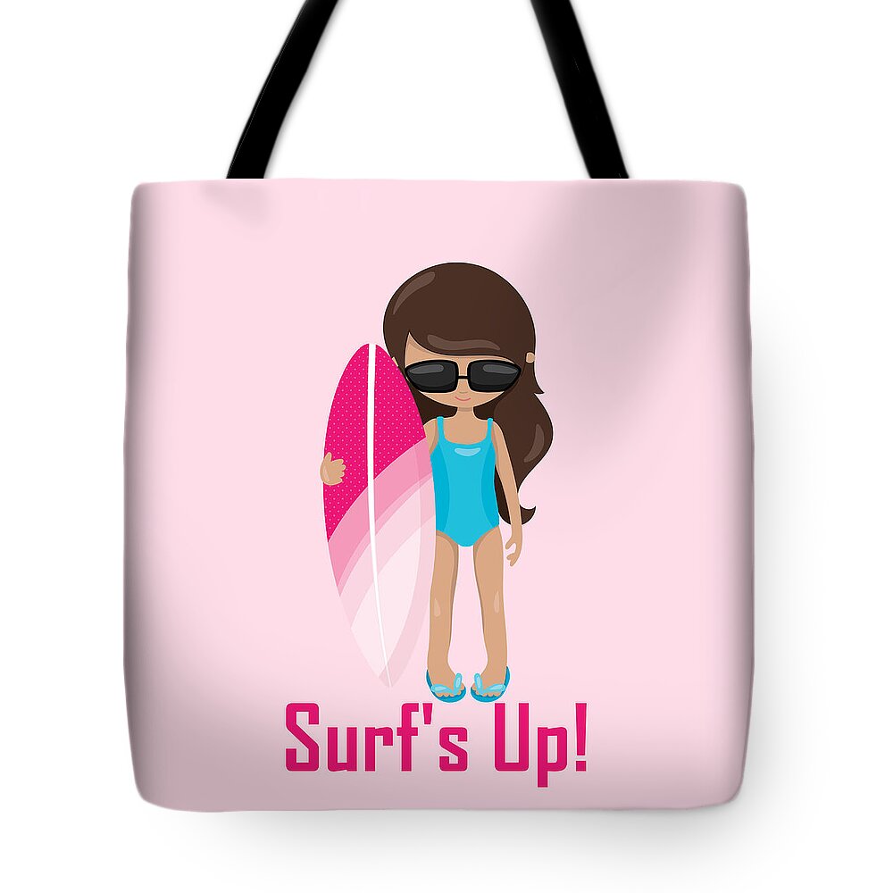 Surfer Art Tote Bag featuring the digital art Surfer Art Surf's Up Girl With Surfboard #18 by KayeCee Spain