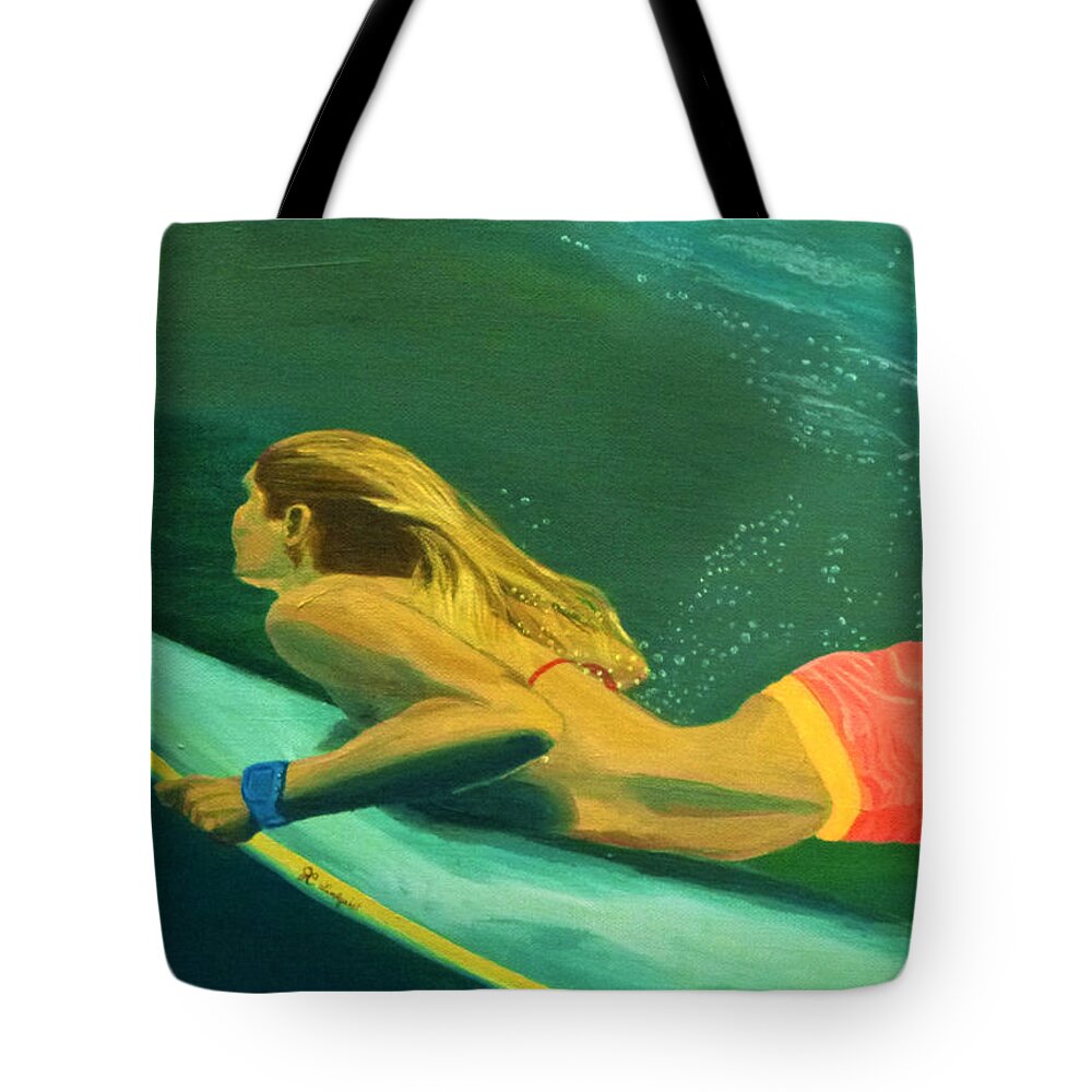 Surf Tote Bag featuring the painting Surfer Girl Duck Dive by Jenn C Lindquist